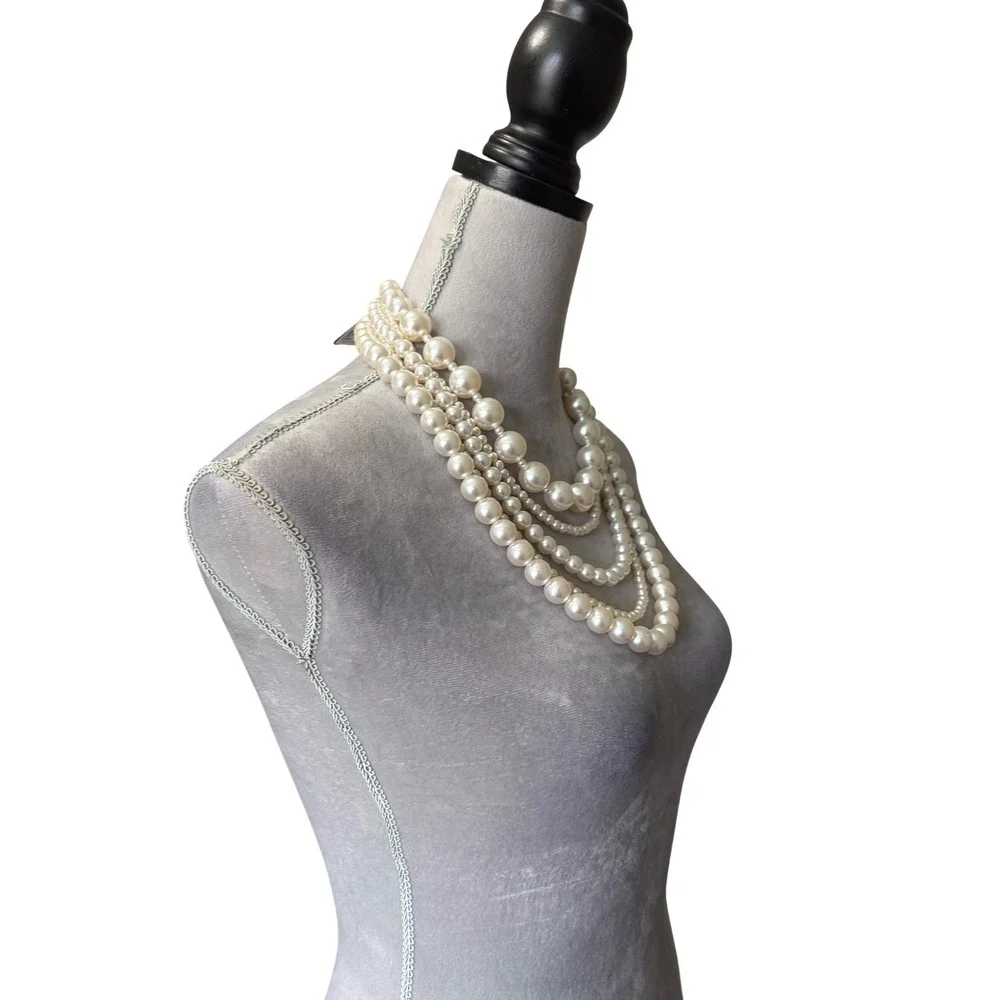 NEW New York & Company Faux Pearl Multi Strand Layered Statement Necklace White